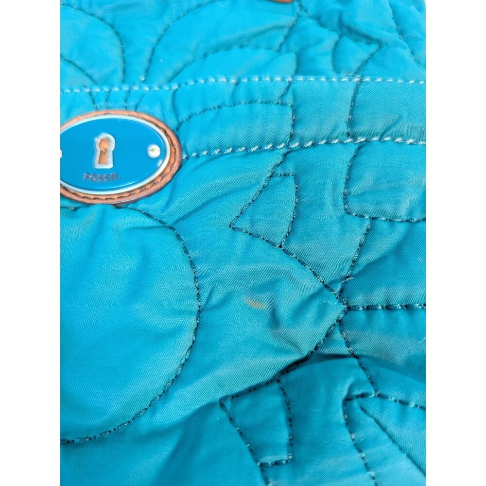 Vintage Fossil Bag Quilted Blue Trimmed In Cow Hide Leather Flaw - Picture 3 of 8